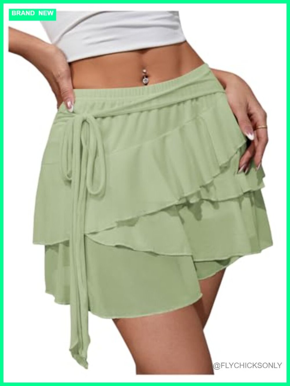 Mesh Ruffle Layered Mini Skirt Low Rise Tie Side